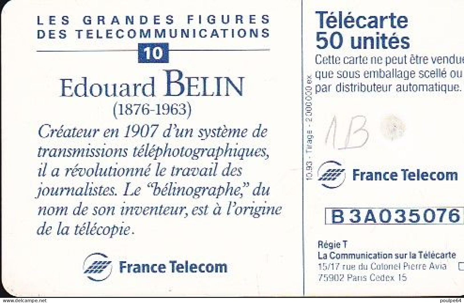 F442a - 10/1993 - EDOUARD BELIN - 50 GEM1B ( Verso : 2ème Logo Moreno) - 1993