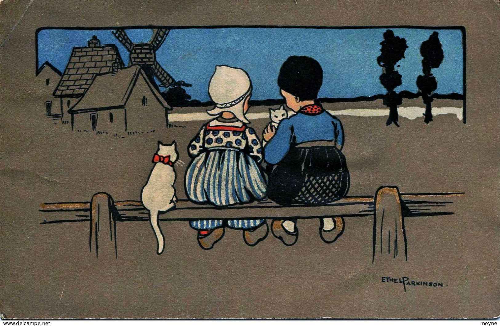 12698  - Illustrateur -  Ethel PARKINSON :  DEUX ENFANTS ET LEURS CHATS  Signée...circulée En 1913 - Parkinson, Ethel