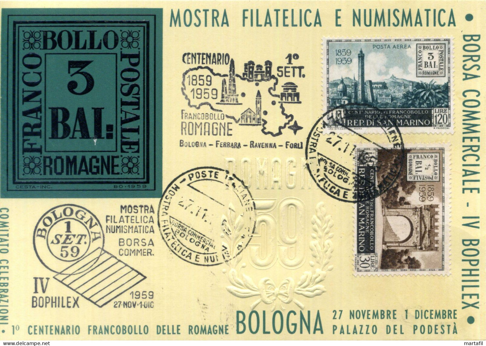 1959 SAN MARINO Cartolina Mostra Filatelica E Numismatica, Centenario Dei Francobolli Delle Romagne - Lettres & Documents