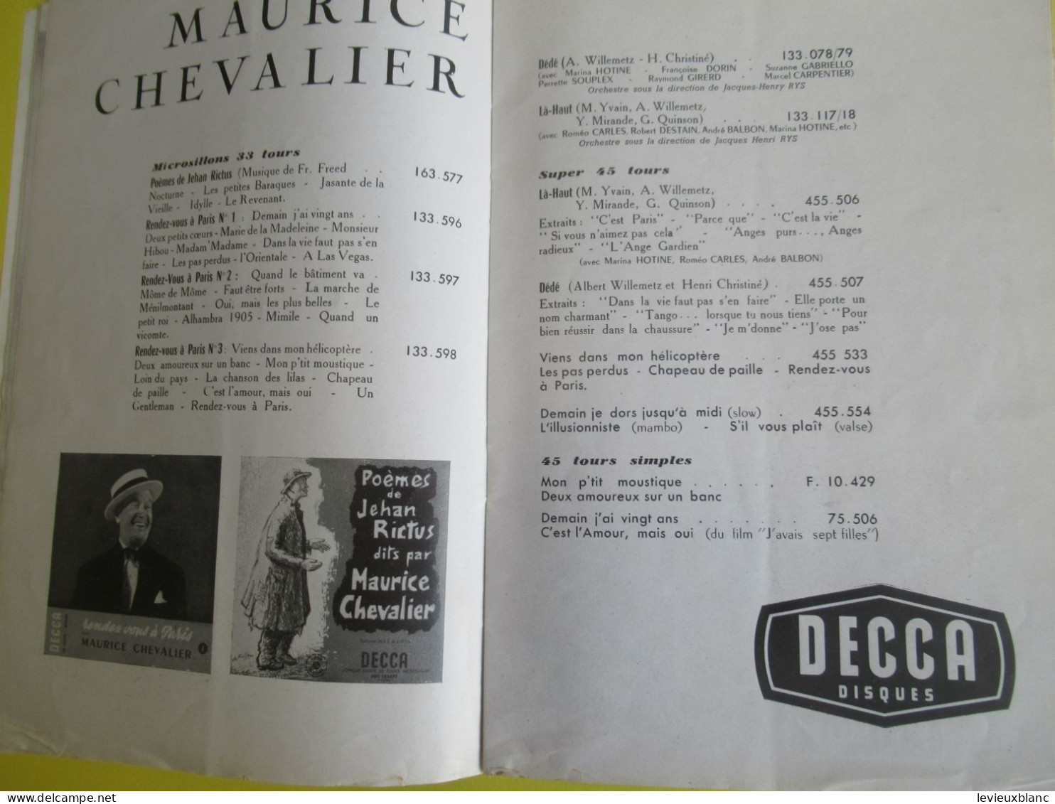 Programme/ALHAMBRA Maurice CHEVALIER/ "De Ménilmontant à Ménilmontant"/ Michel LEGRAND/ Raymond DEVOS/ 1956     PROG364