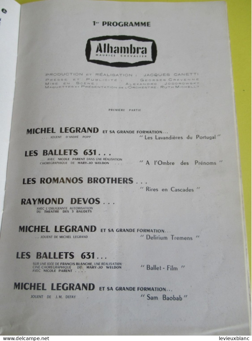 Programme/ALHAMBRA Maurice CHEVALIER/ "De Ménilmontant à Ménilmontant"/ Michel LEGRAND/ Raymond DEVOS/ 1956     PROG364