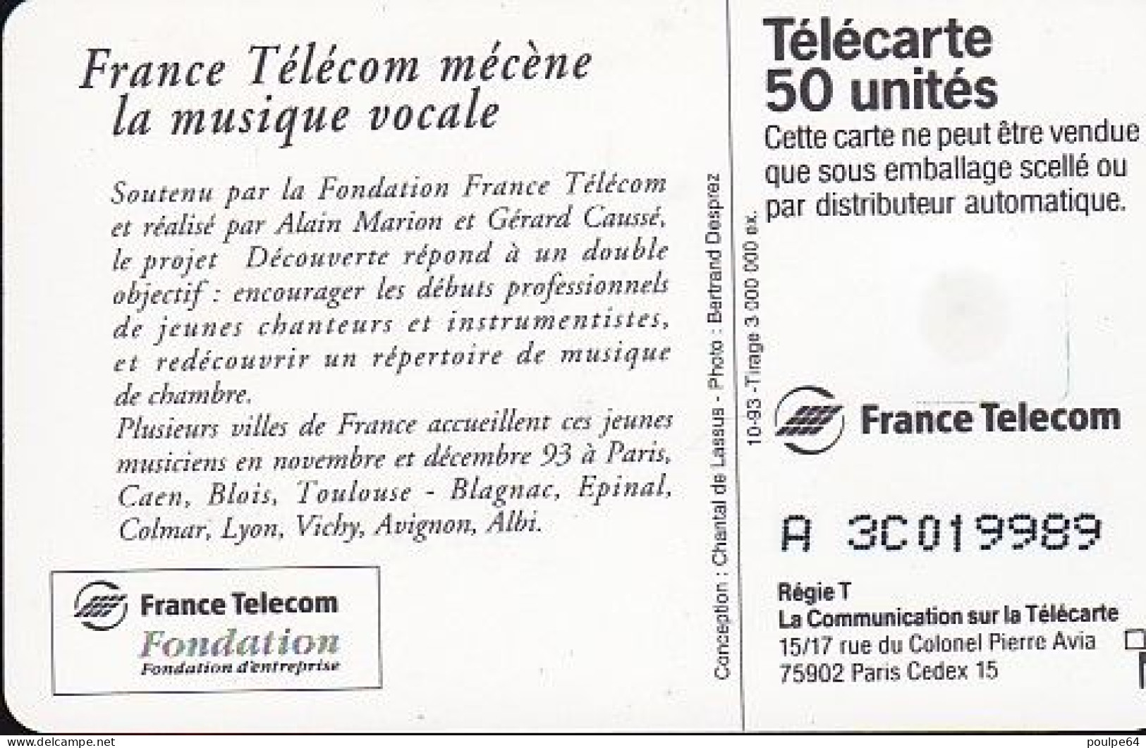 F447 - 10/1993 - CONCERT DÉCOUVERTE - 50 SO3 ( Verso : N° A+3+C+6 Chiffres Lasers) - 1993