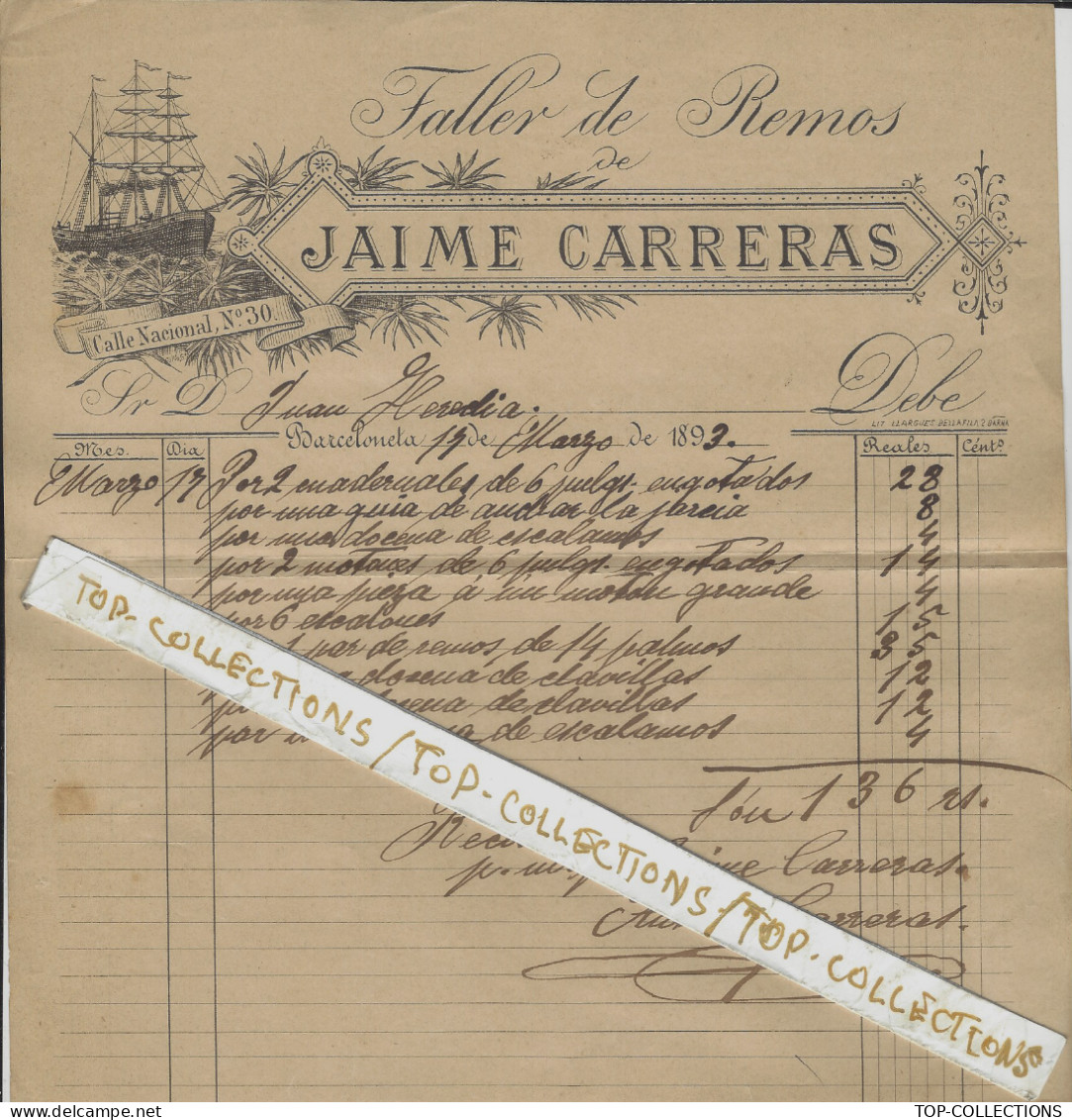 1893 NAVIGATION Barcelona Espagne Jaime Carreras Faller De Remos  Pour Juan Heredi - Spain