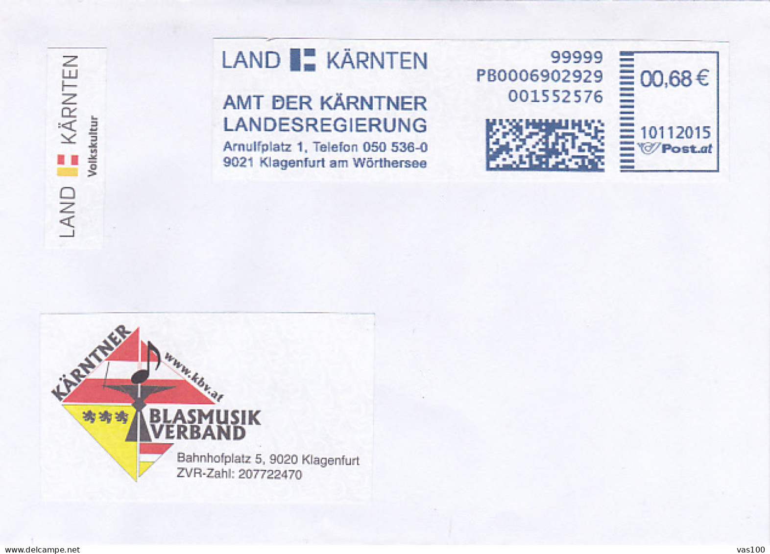 CARINTHIA BRASS MUSIC ASSOCIATION STICKER, POSTAGE PAID COVER, 2015, AUSTRIA - Briefe U. Dokumente