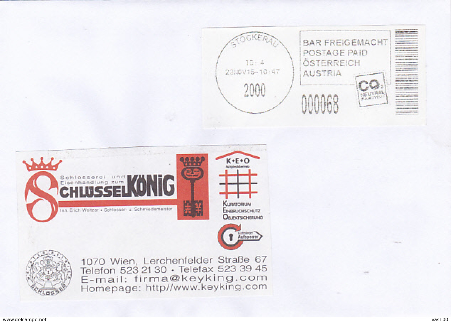 SCHLUSSEL KONIG COMPANY ADVERTISING, POSTAGE PAID COVER, 2015, AUSTRIA - Covers & Documents