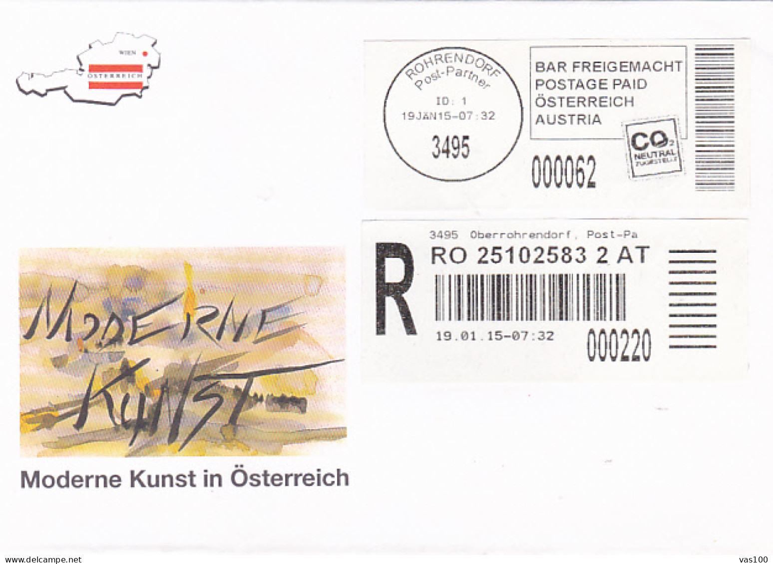 MODERN ART IN AUSTRIA, BARCODE, REGISTERED SPECIAL COVER, 2015, AUSTRIA - Lettres & Documents