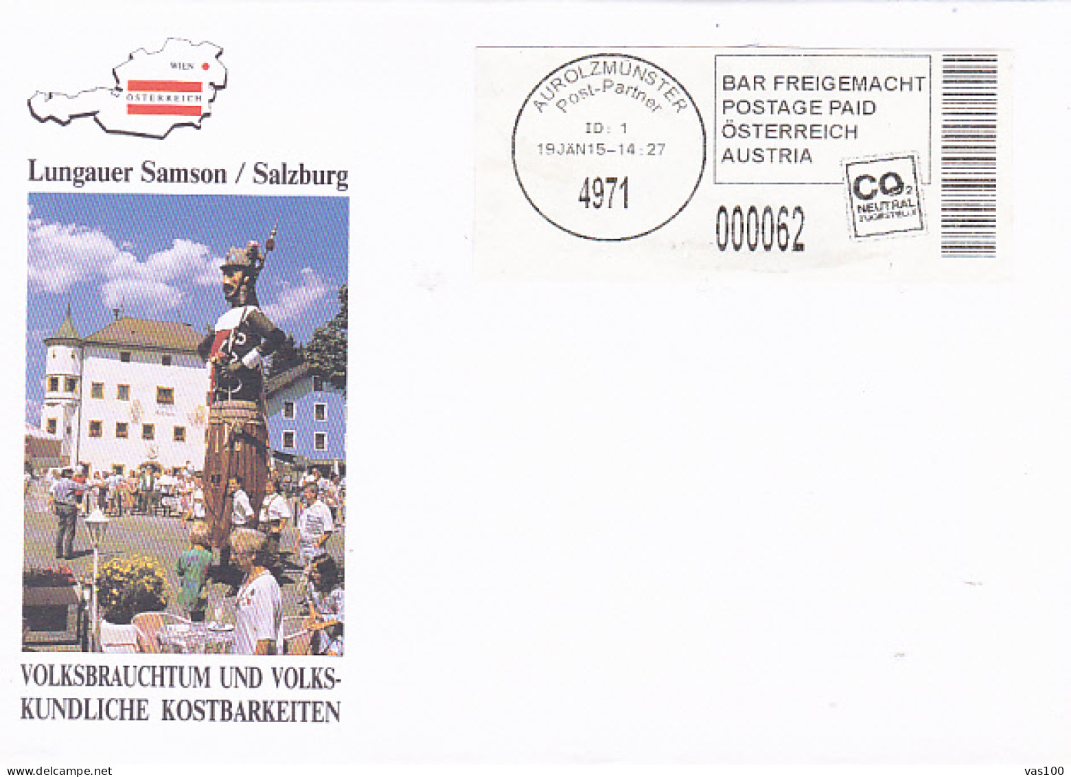 FOLKLORE CUSTOMS, LUNGAU SAMSON, POSTAGE PAID SPECIAL COVER, 2015, AUSTRIA - Lettres & Documents