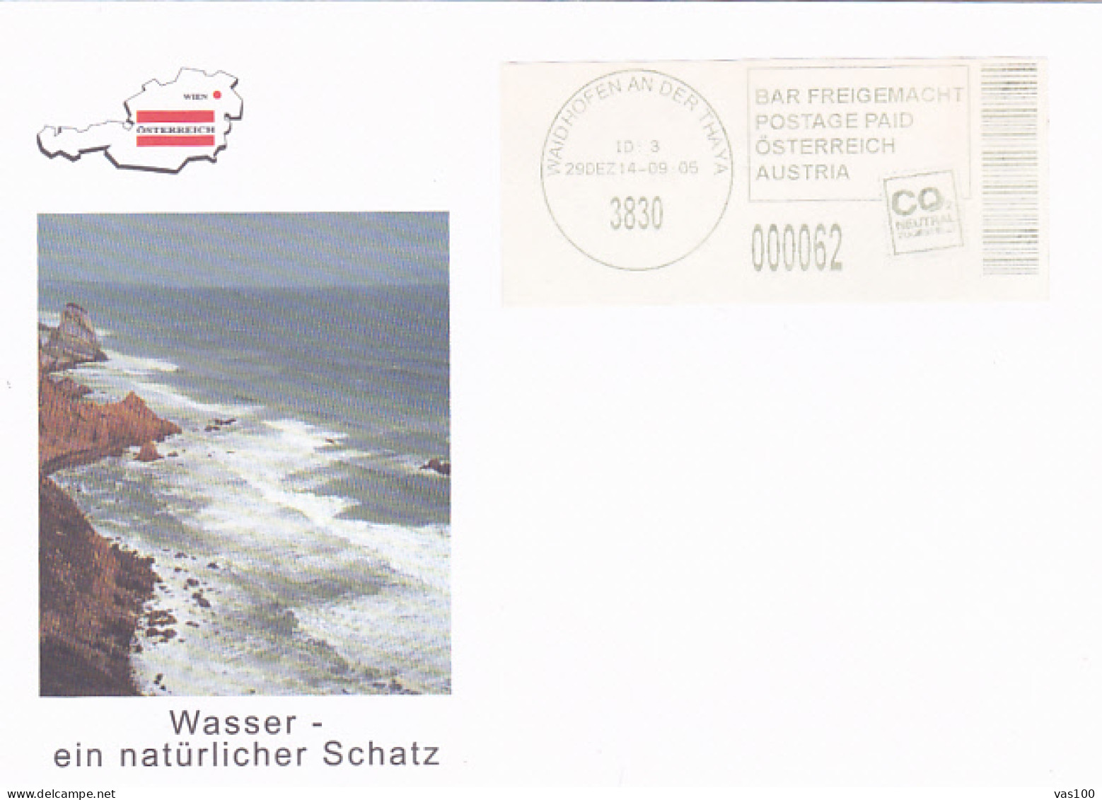 WATER- NATURAL TREASURE, SEASCAPE, POSTAGE PAID SPECIAL COVER, 2014, AUSTRIA - Covers & Documents