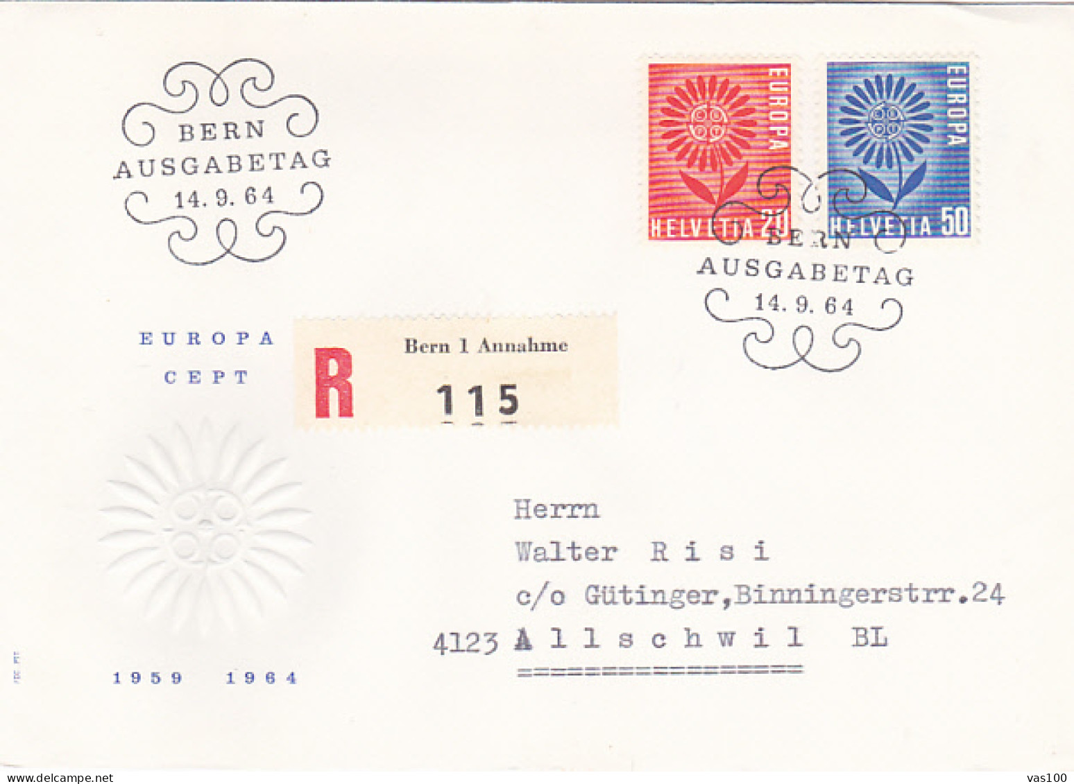 EUROPA CEPT, FLOWER, REGISTERED COVER FDC, 1964, SWITZERLAND - 1964