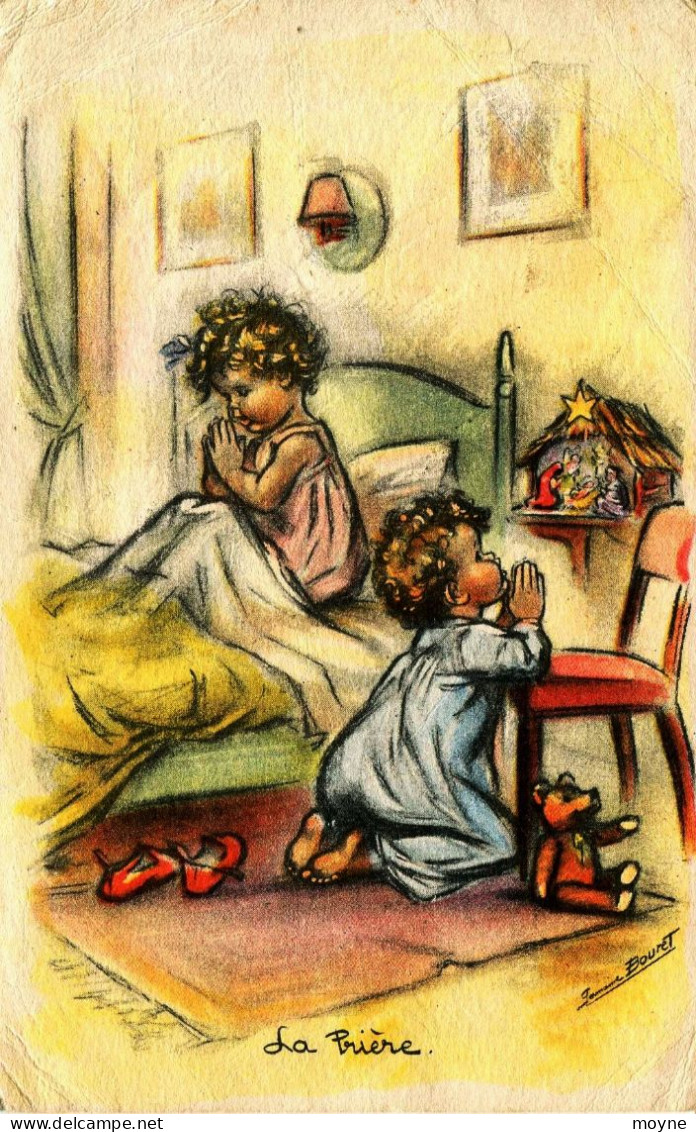 12719 - Illustrateur  -   Germaine  BOURET  :   Deux Enfants "  La Priére  "  Du  Soir  Devant La Crêche   Circulée - Bouret, Germaine