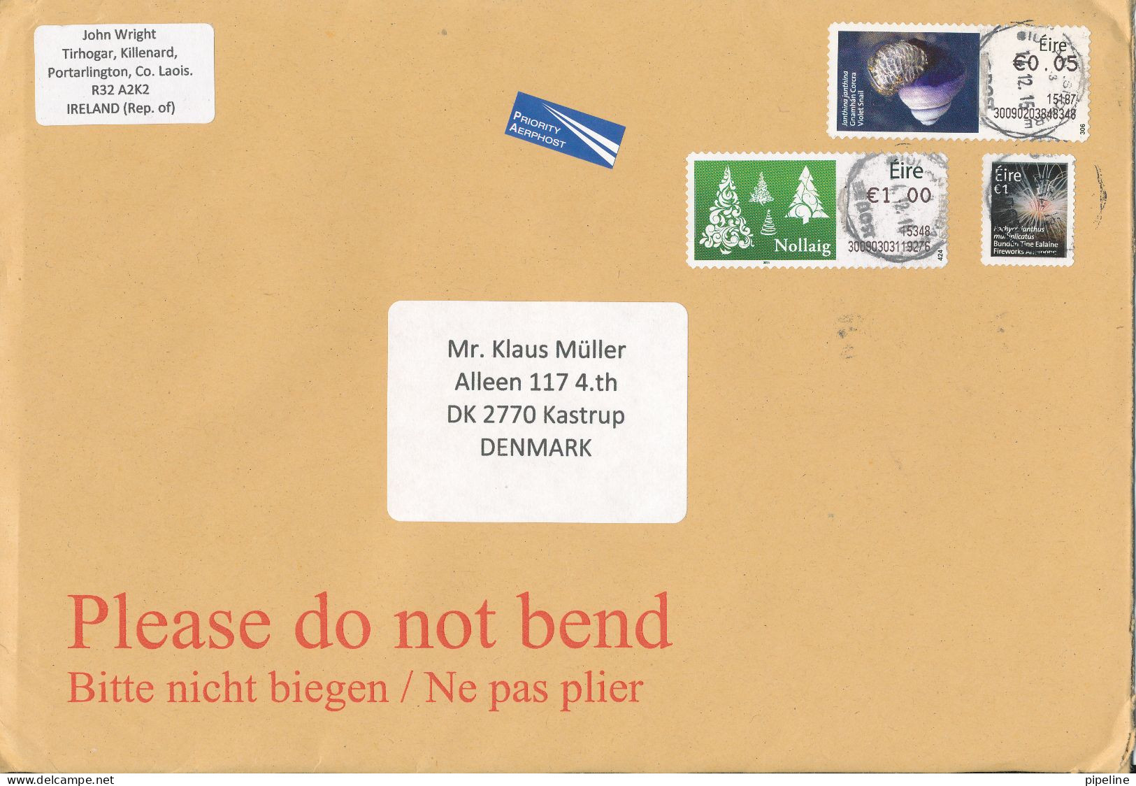 Ireland Cover Sent To Denmark 14-12-2015 Big Size Cover - Lettres & Documents