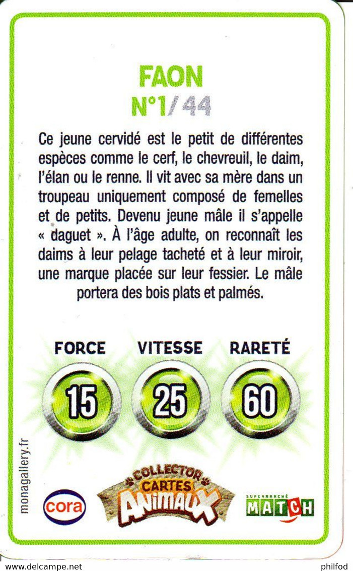 Carte Collector Animée Animaux (Cora / Match) : 1/44  : Faon - Other & Unclassified
