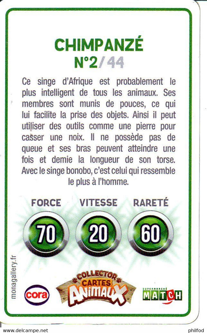 Carte Collector Animée Animaux (Cora / Match) : 2/44  : Chimpanzé - Autres & Non Classés