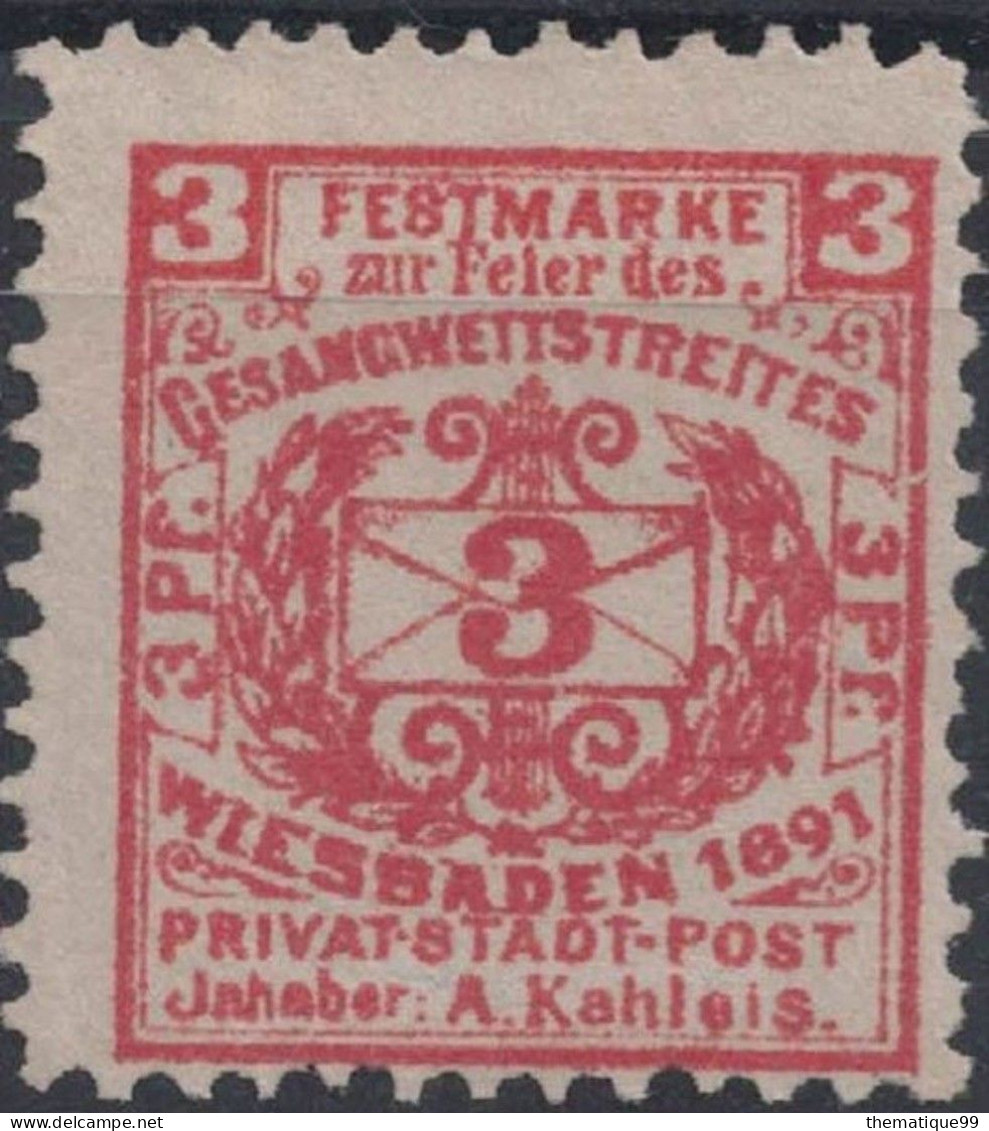 Timbre De La Poste Privée De La Ville Allemande De Wiesbaden (1891) : Concours De Chant, Lyre Musique - Music