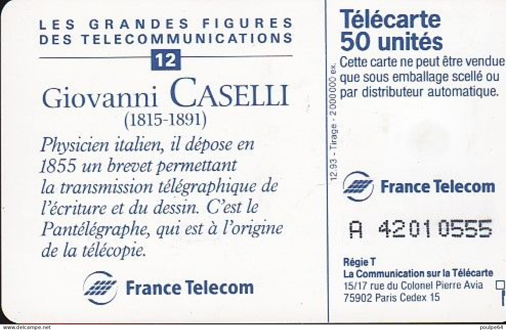 F451C - 12/1993 - GIOVANNI CASELLI - 50 SO5 (verso : N° Droits) - 1993