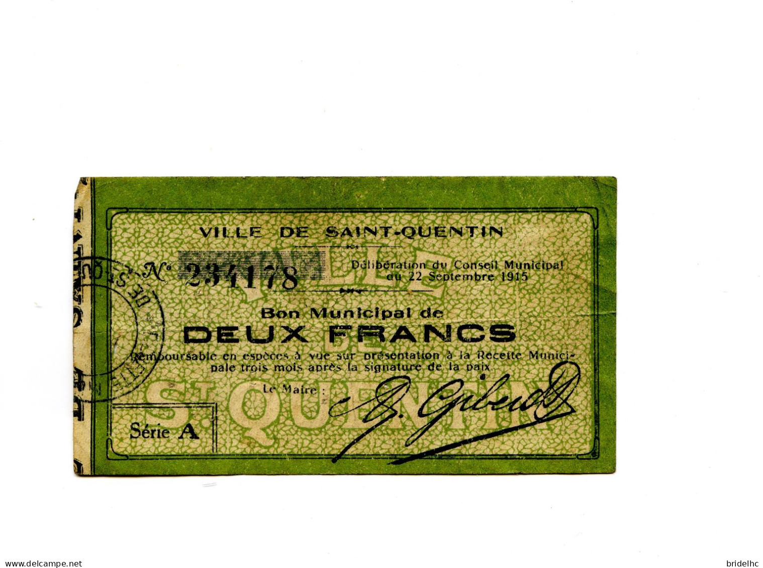2 Francs Ville De St Quentin 1915 - Bons & Nécessité
