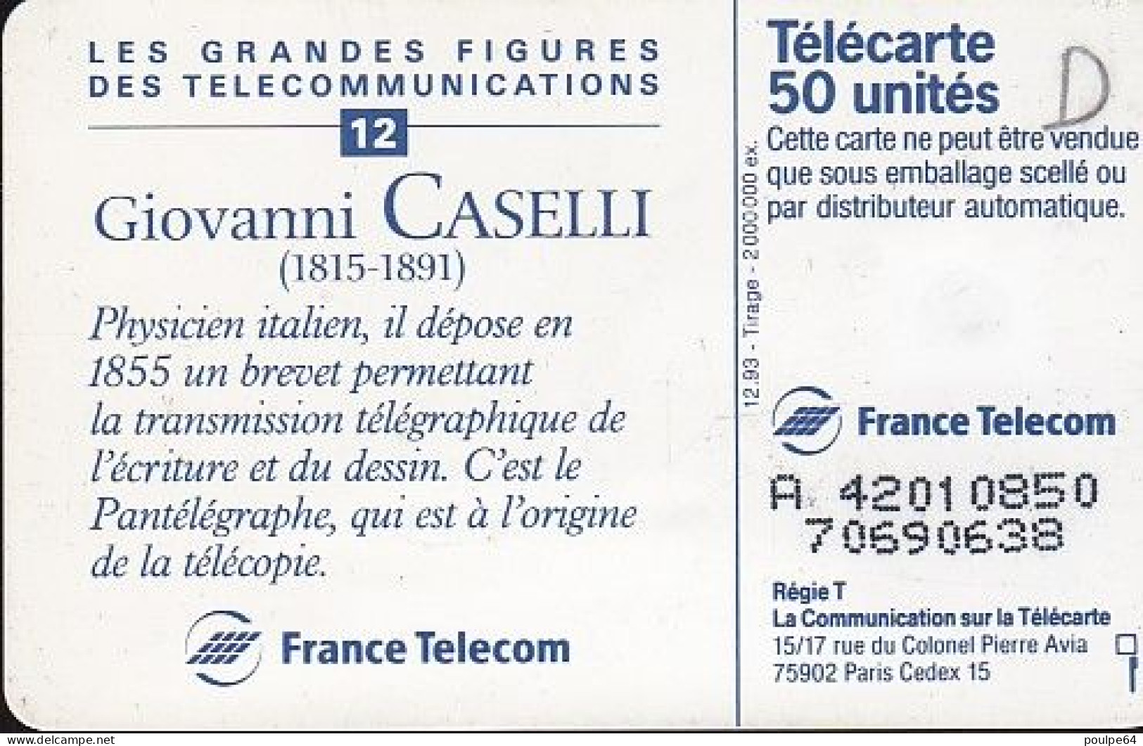 F451Ca - 12/1993 - GIOVANNI CASELLI - 50 SO5 (verso : N° Deux Lignes) - 1993