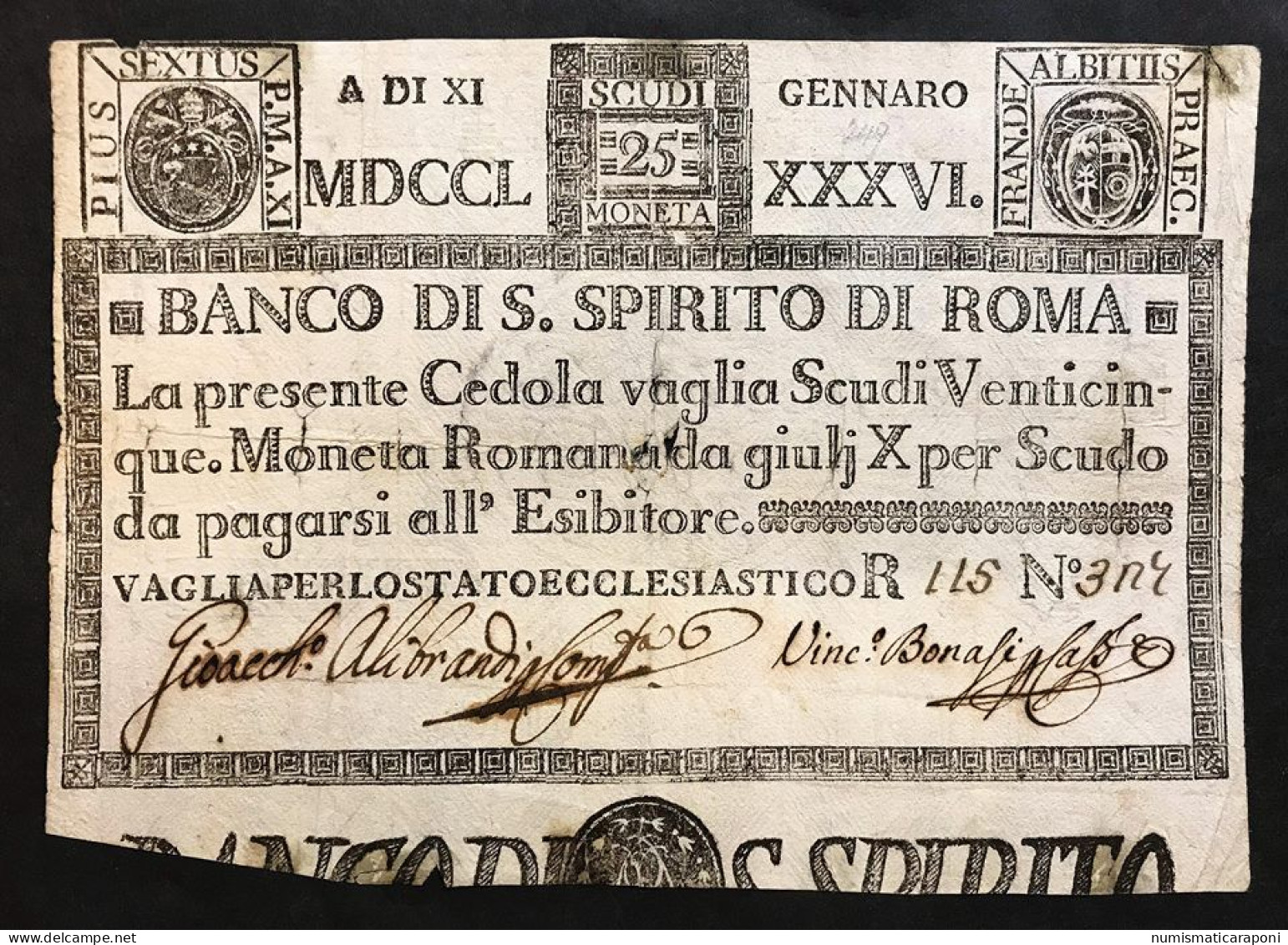 Banco Di Santo Spirito Di Roma 25 Scudi 11 01 1786 Fori Mb Lotto.4453 - [ 9] Colecciones