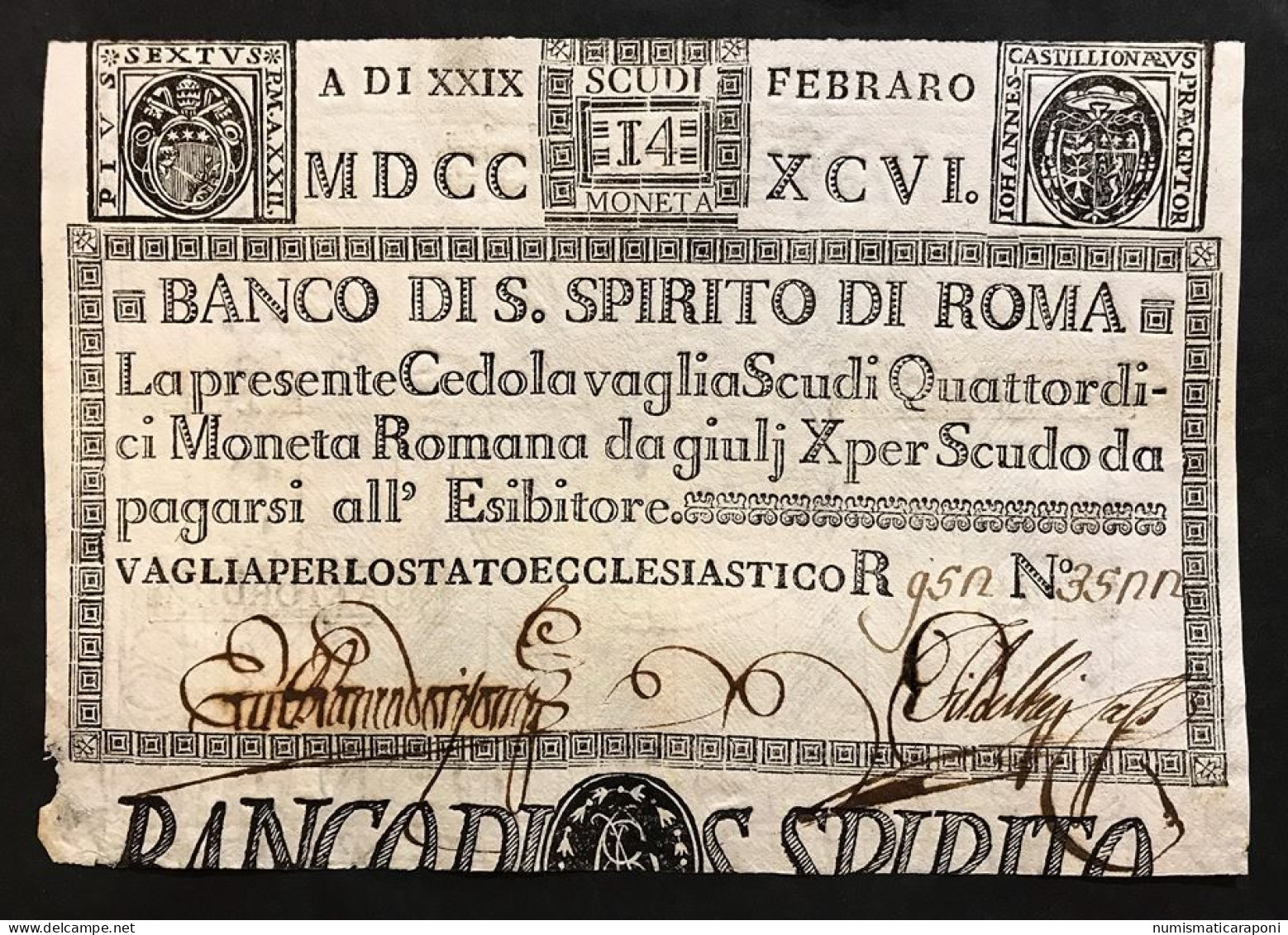Banco Di Santo Spirito Di Roma 14 Scudi 29 02 1796 Fori Q.spl Lotto.3955 - [ 9] Colecciones