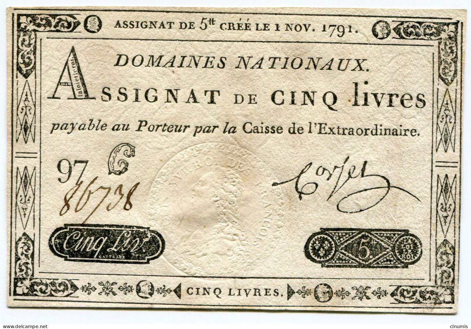 Cinq Livres, émission Du 1er Novembre 1791 - Assignats & Mandats Territoriaux