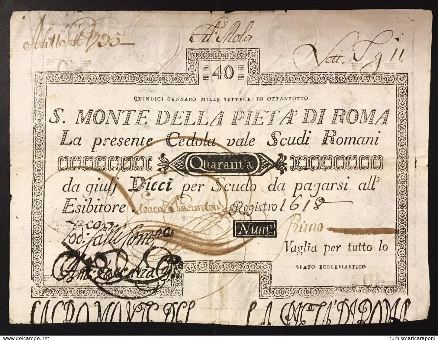 SACRO MONTE DI PIETA' ROMA 15 01 1798 40 SCUDI Ottimo Esemplarebel Bb+ LOTTO 3990 - [ 9] Collections