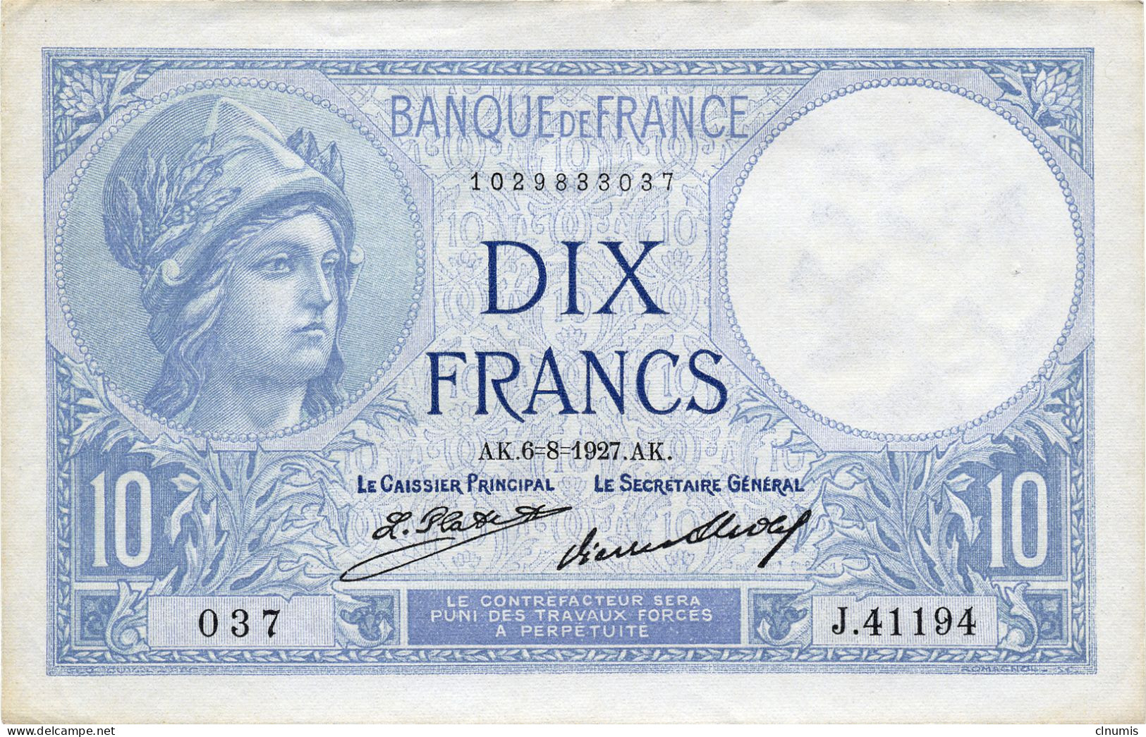 10 Francs Minerve, 6 Août 1927 - 10 F 1916-1942 ''Minerve''