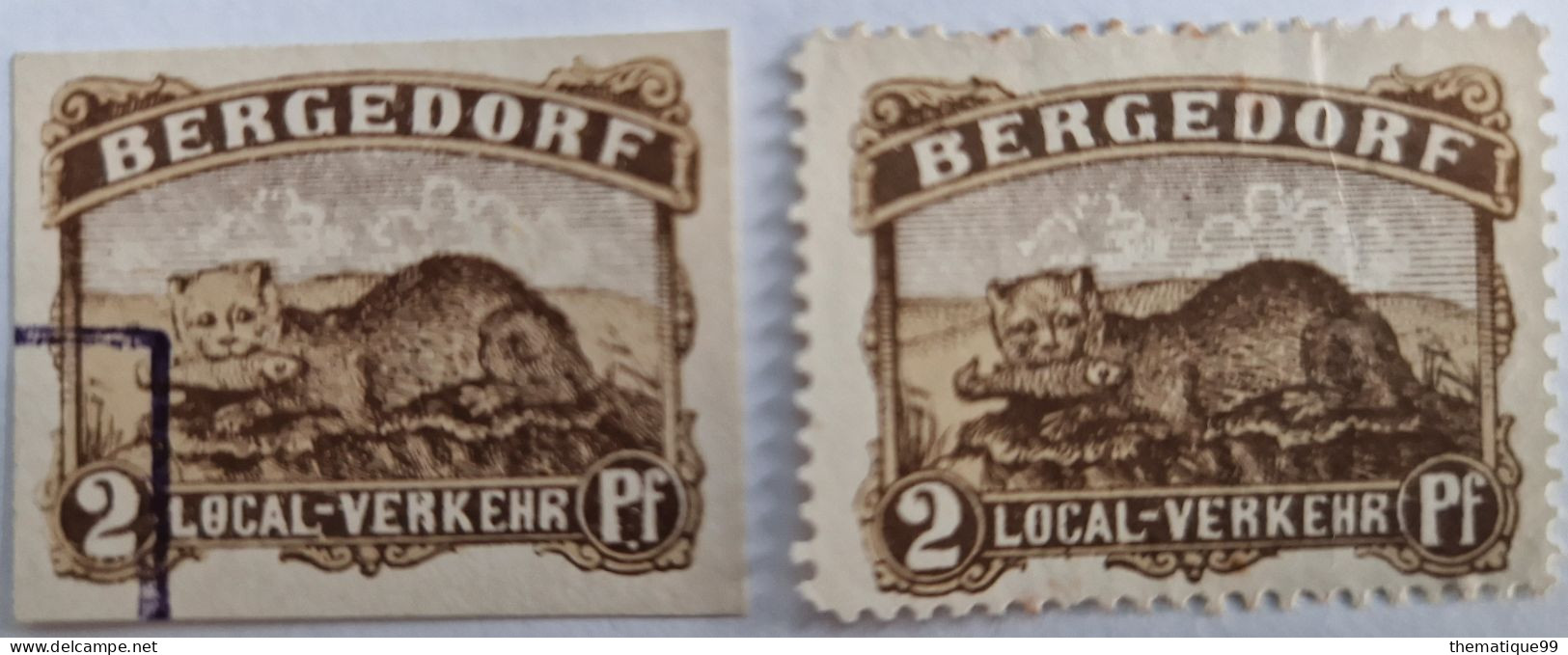 Deux Timbres De La Poste Privée De La Ville Allemande De Bergedorf (1887) : Loutre Avec Un Poisson - Sonstige & Ohne Zuordnung