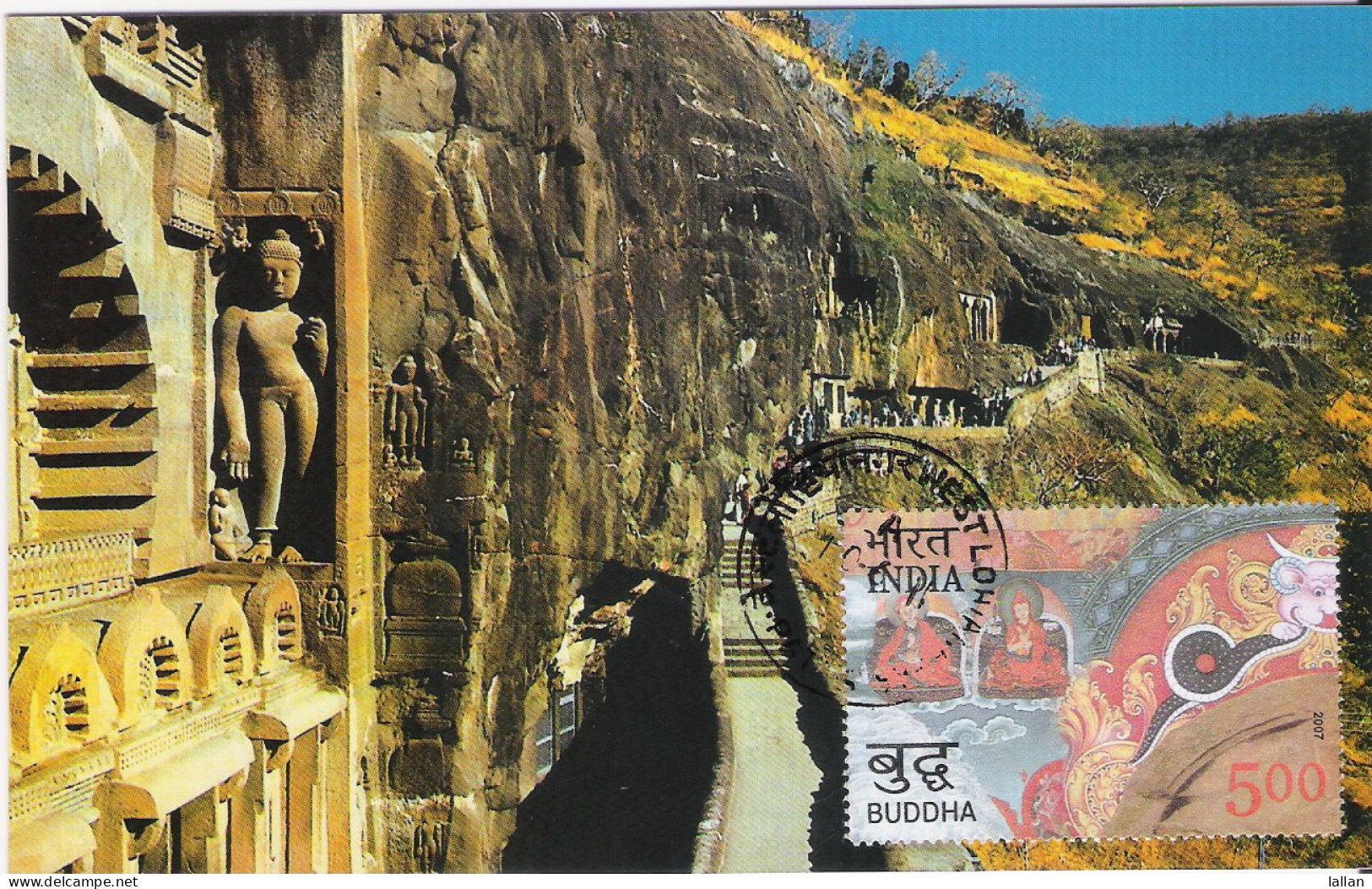 General View Of Caves From Outside Of Cave No.21, Used Postcard With Matching Stamp, 2011 - Bouddhisme