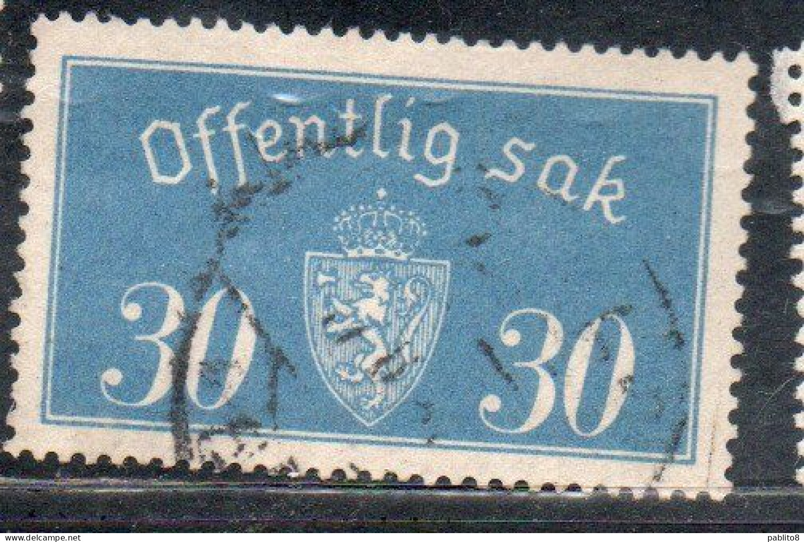 NORWAY NORGE NORVEGIA NORVEGE 1933 1937 OFFICIAL STAMPS SERVIZIO SERVICE COAT OF ARMS STEMMA 30o USATO USED OBLITERE' - Officials