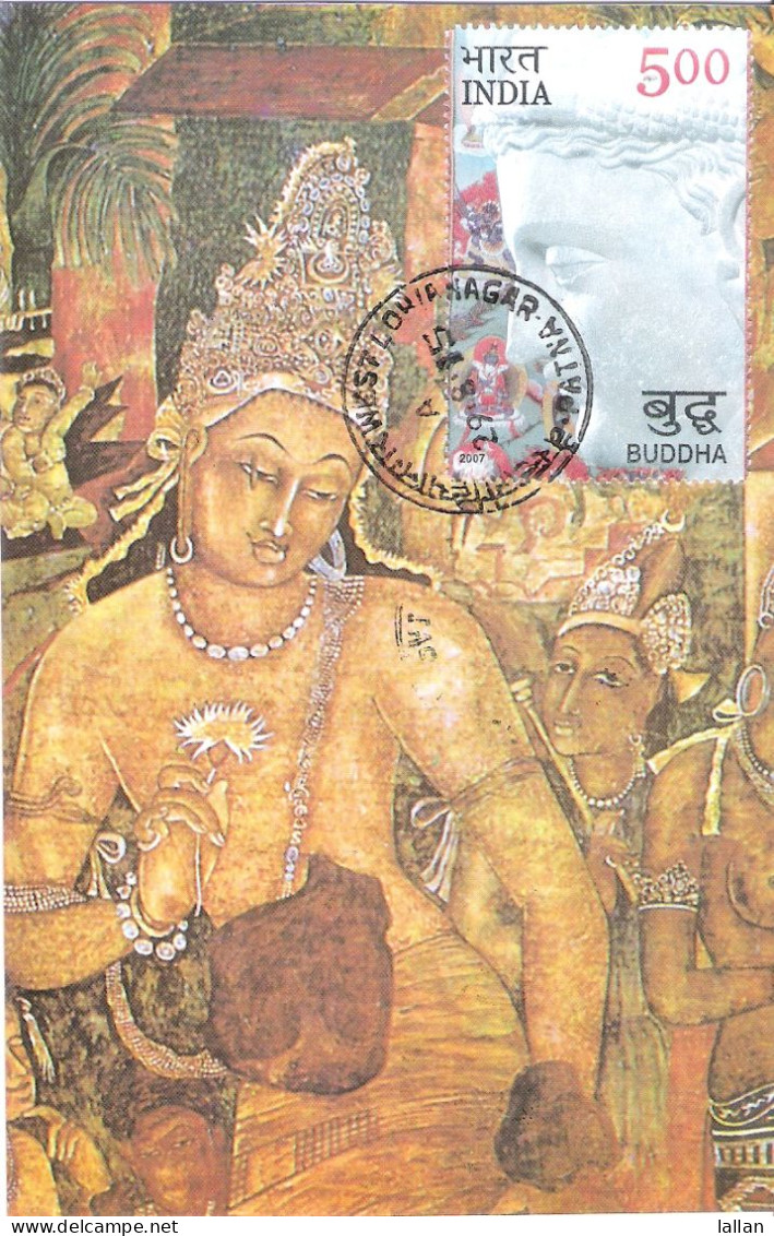 Ajanta, Fresco Of A Budhi-Satva, Used Postcard With Matching Stamp, 2015 - Budismo