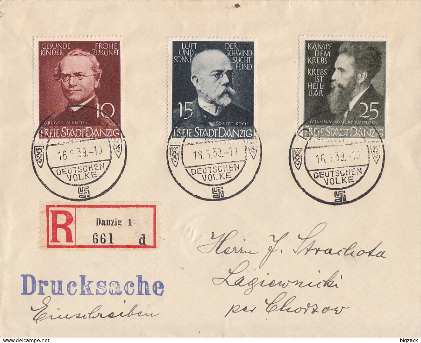 Danzig Drucksache-R-Brief Mif Minr.306-308 SST Danzig 16.5.39 - Storia Postale