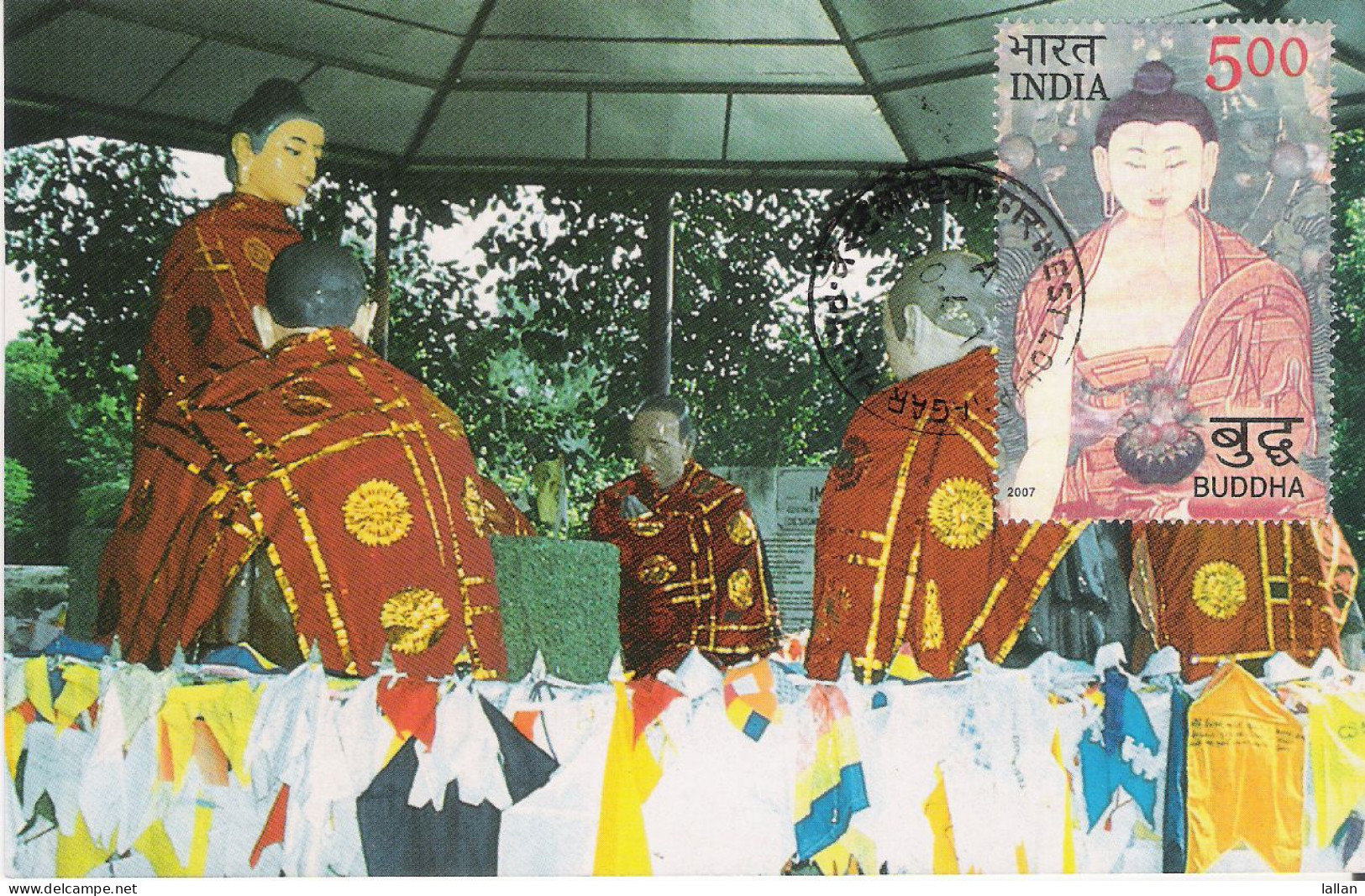 The Scene Of The Worship Of A Modern Image Of The Budha In Sarnath, Used Postcard With Matching Stamp 2011 - Buddhism