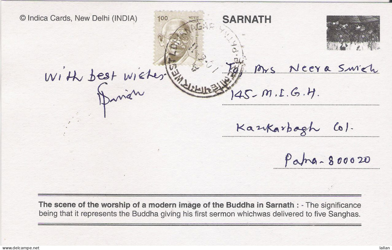 The Scene Of The Worship Of A Modern Image Of The Budha In Sarnath, Used Postcard With Matching Stamp 2011 - Buddhism