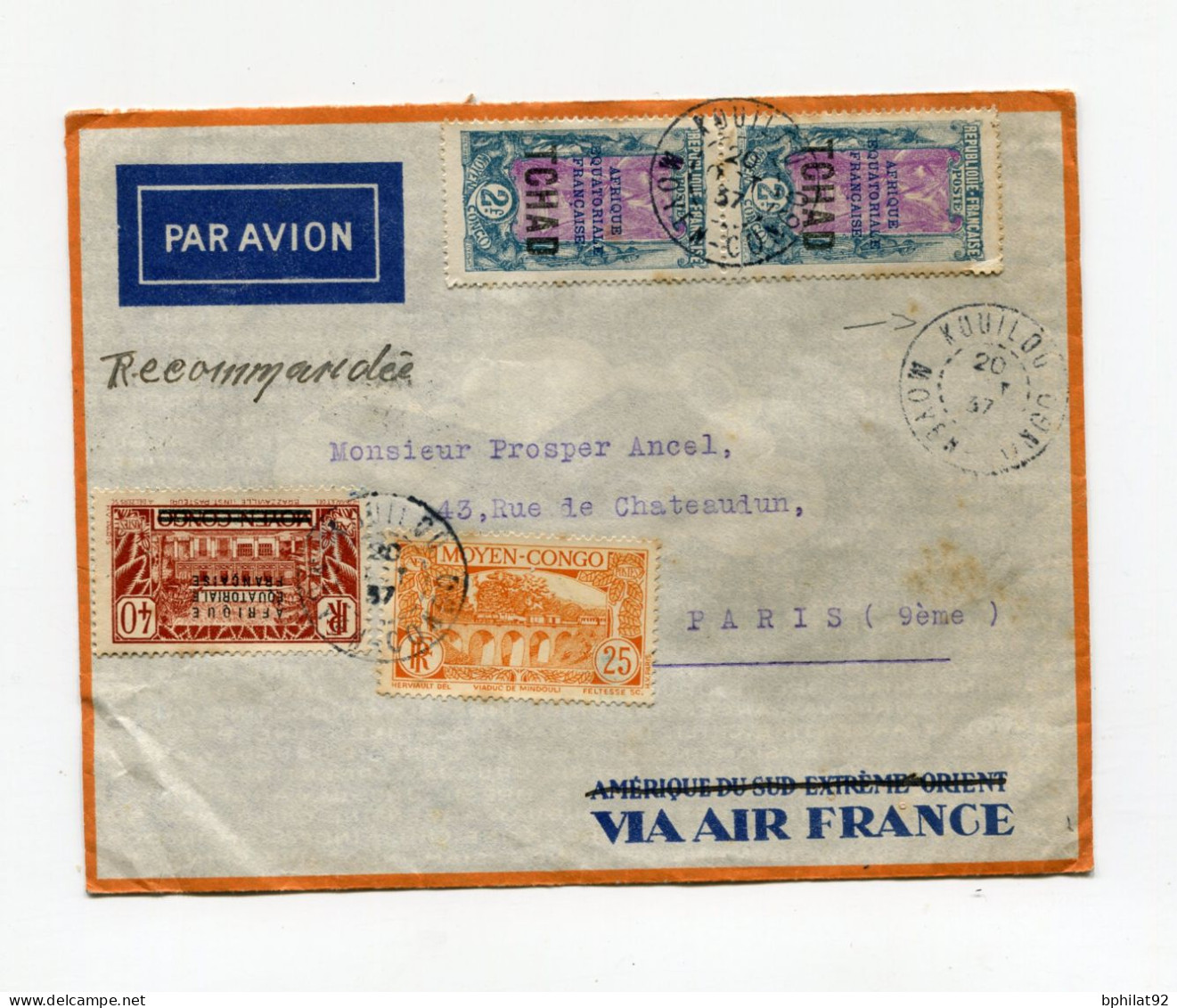 !!! AEF, LETTRE PAR AVION DE KOUILOU POUR PARIS DE 1937 - Cartas & Documentos