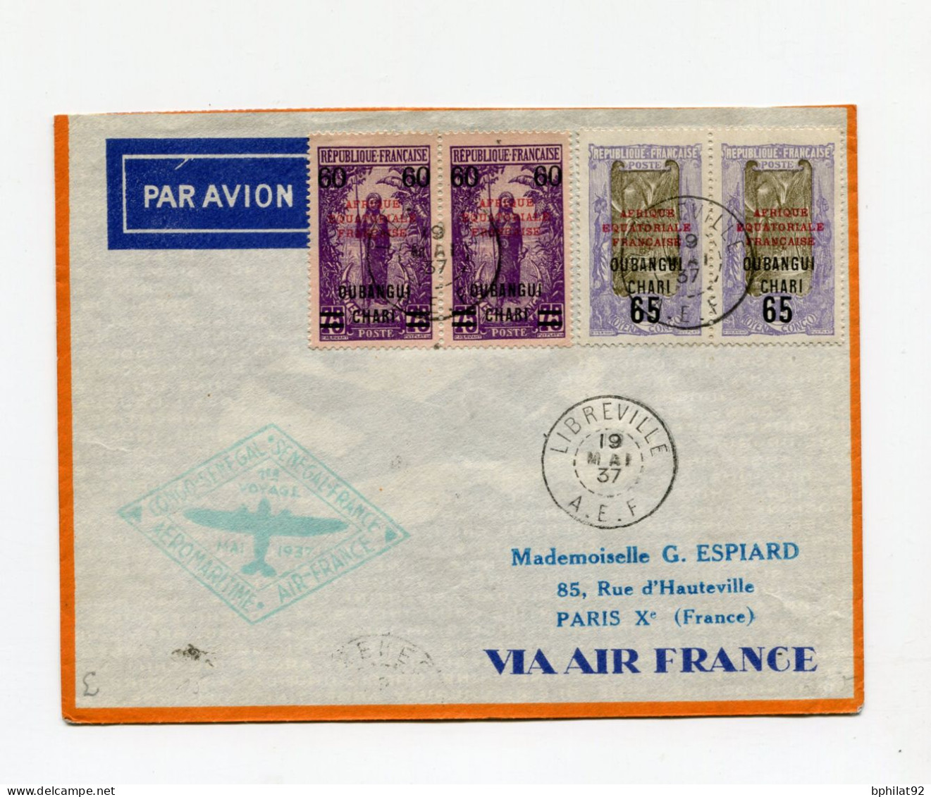 !!! AEF, 1ER VOYAGE AEROMARITIME CONGO - SENEGAL, SENEGAL - FRANCE LETTRE PAR AVION DE LIBREVILLE DE 1937 POUR PARIS - Cartas & Documentos