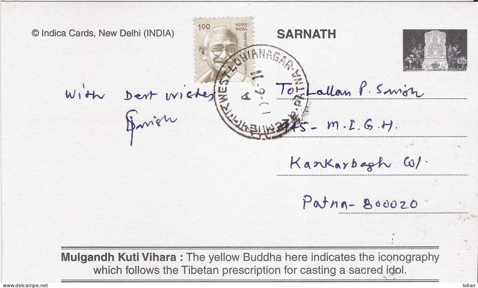 Mulgandh Kuti Vihara, The Yellow Budha, Used Postcard With Matching Stamp 2011 - Buddhism