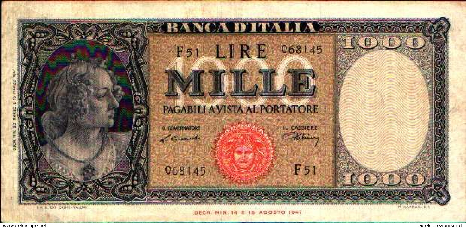 49442) 1000 LIRE ITALIA ORNATA DI PERLE MEDUSA 20/03/1947 QUASI SPL - 1000 Liras