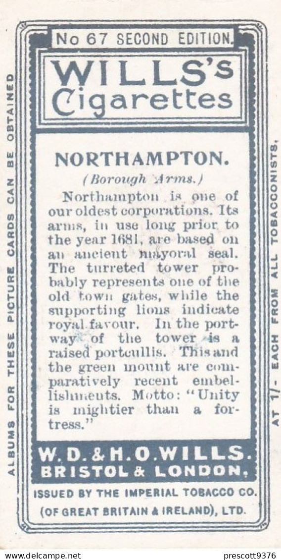 67 Northampton  - Borough Arms 1906 - Wills Cigarette Card - Original  - Antique - Wills