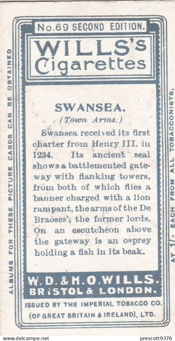 69 Swansea  - Borough Arms 1906 - Wills Cigarette Card - Original  - Antique - Wills