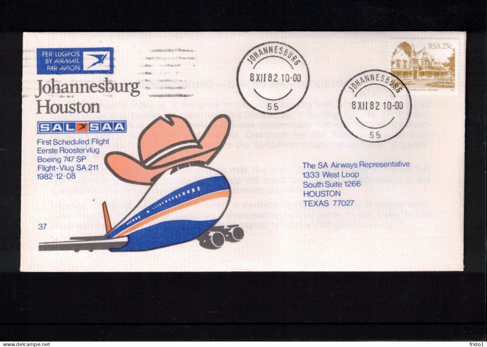 South Africa 1982 SAA First Scheduled Flight Johannesburg - Houston - Lettres & Documents