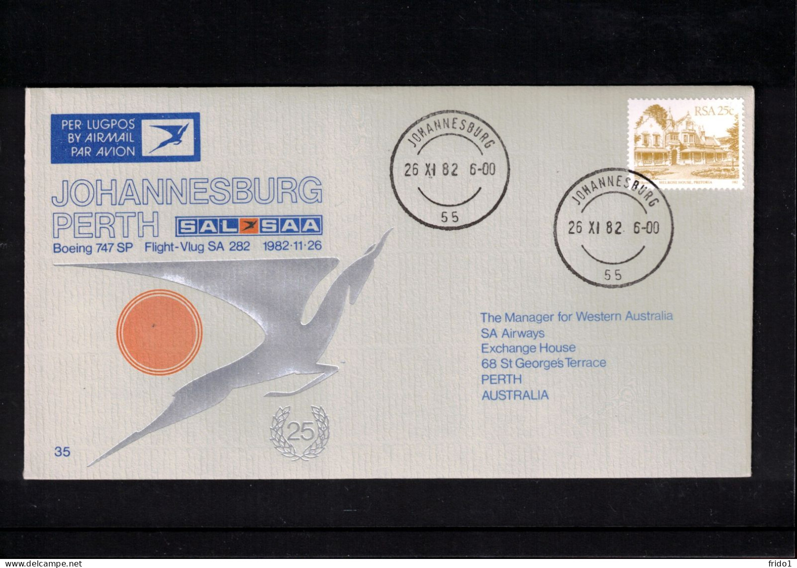 South Africa 1982 SAA First Scheduled Flight Johannesburg - Perth - Lettres & Documents