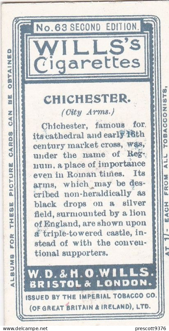 63 Chichester - Borough Arms 1906 - Wills Cigarette Card - Original  - Antique - Wills