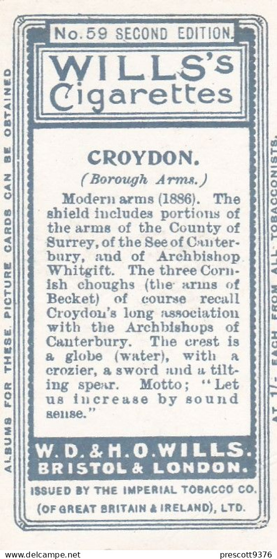 59 Croydon - Borough Arms 1906 - Wills Cigarette Card - Original  - Antique - Wills