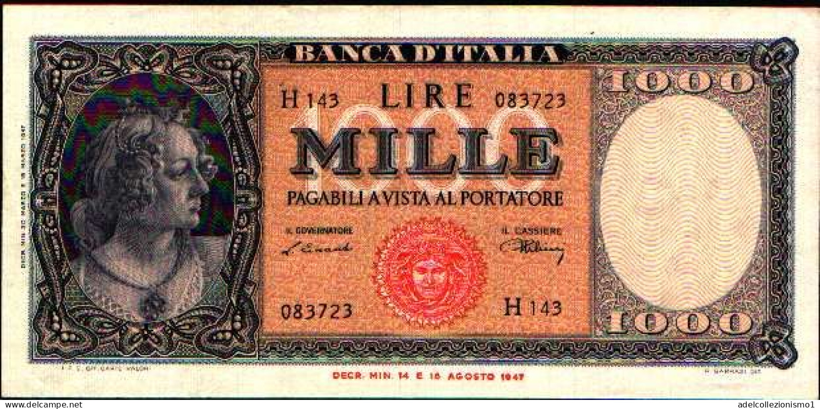 49452) 1000 LIRE ITALIA ORNATA DI PERLE MEDUSA 20/03/1947 SUPERBA - 1000 Lire