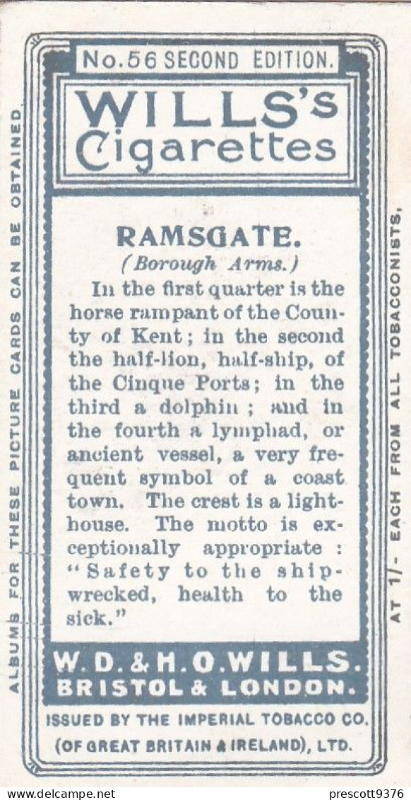 56 Ramsgate  - Borough Arms 1906 - Wills Cigarette Card - Original  - Antique - Wills