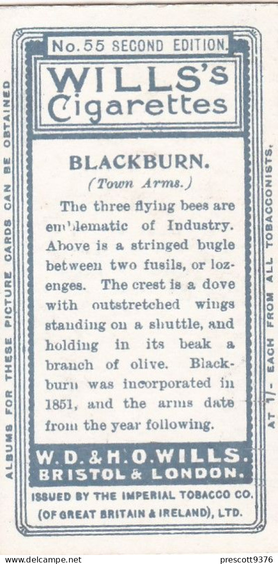 55 Blackburn  - Borough Arms 1906 - Wills Cigarette Card - Original  - Antique - Wills
