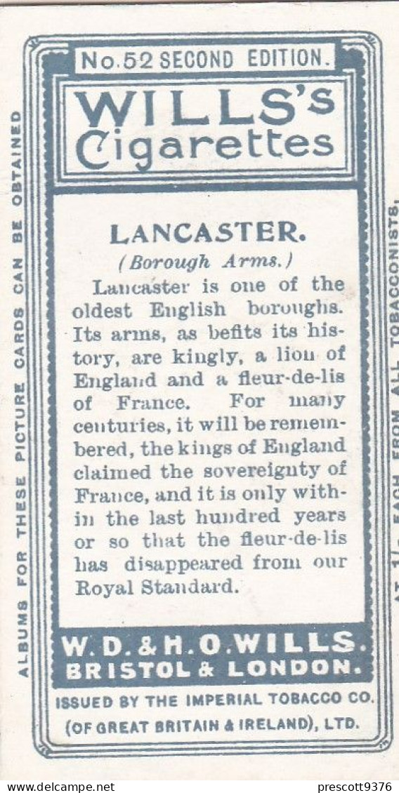 52 Lancaster - Borough Arms 1906 - Wills Cigarette Card - Original  - Antique - Wills