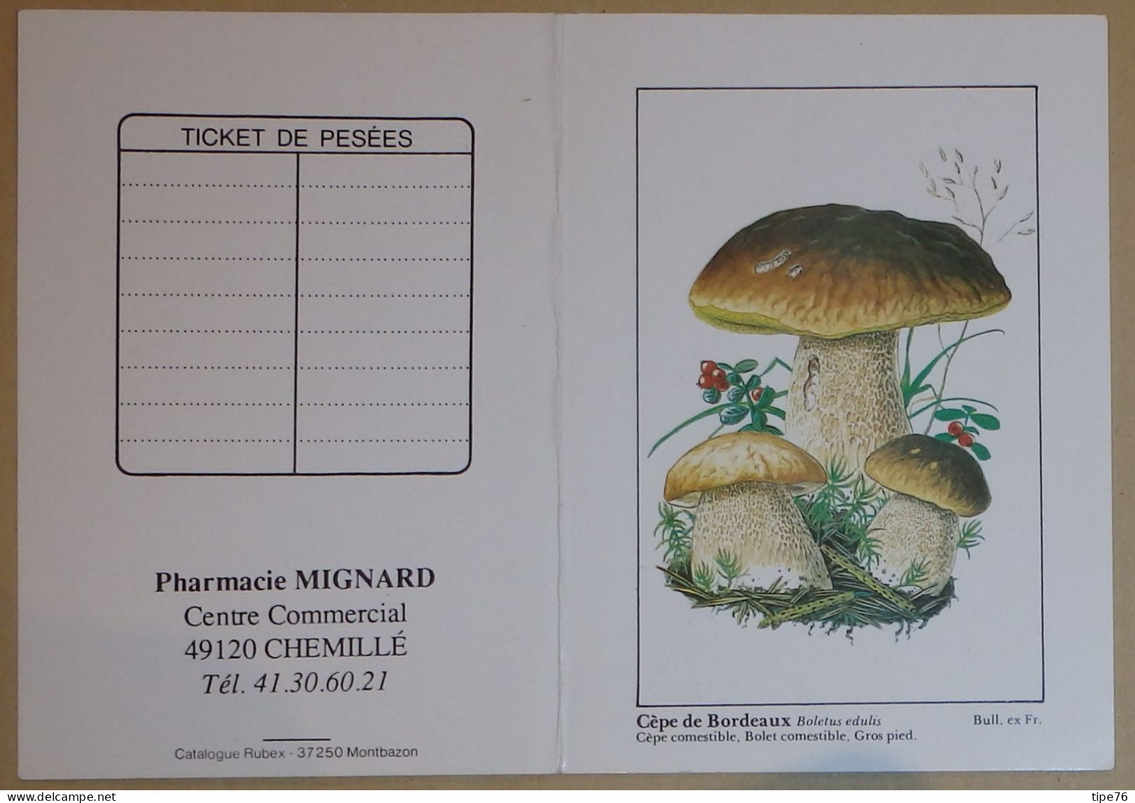 Petit Calendrier De Poche 1990 Champignon Cèpe De Bordeaux Pharmacie Chemillé Maine Et Loire - Small : 1981-90