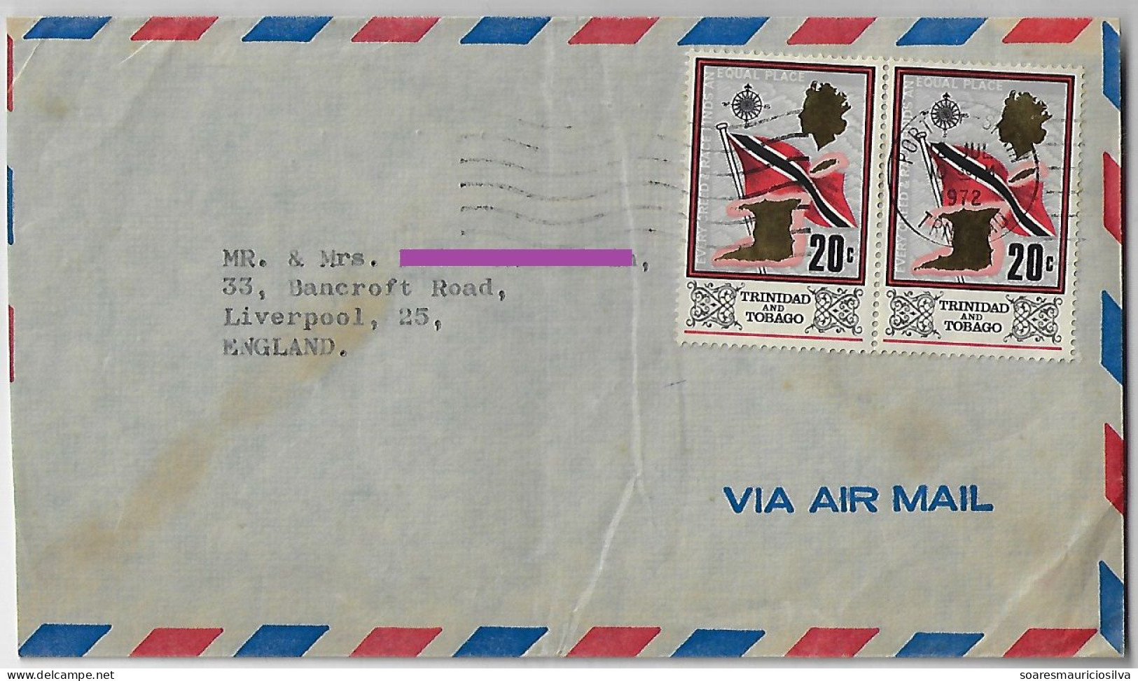 Trinidad & Tobago 1972 Airmail Cover Port Of Spain To Liverpool United Kingdom Queen Elizabeth II Map Flag Stamp 20 Cts - Trinidad & Tobago (1962-...)