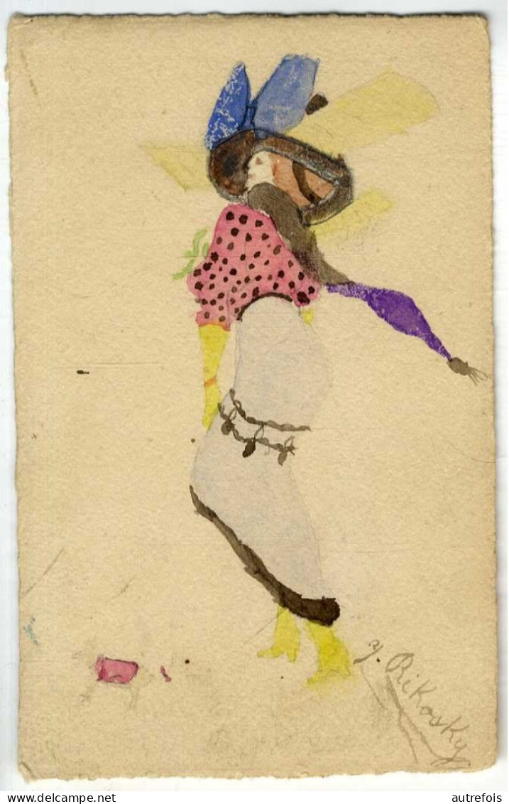 FEMME ELEGANTE  AVEC UN JOLI CHAPEAU   AQUARELLE REALISEE SUR CARTE POSTALE SIGNEE  Y RIKOSKY - Acquarelli